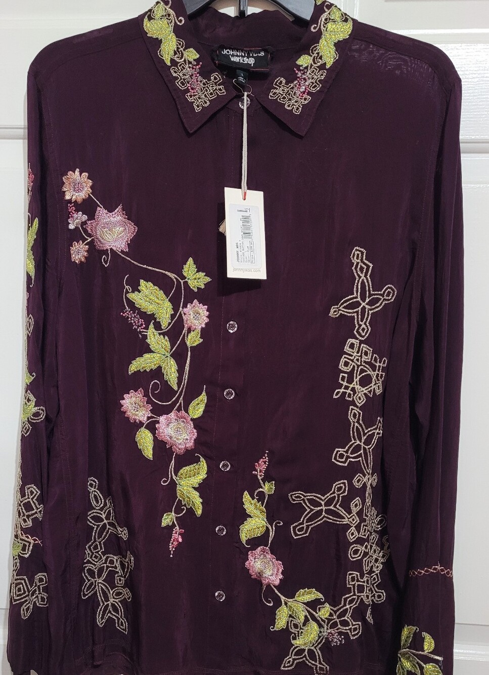Johnny Was Purple Embroidered Floral Button-Down Shirt